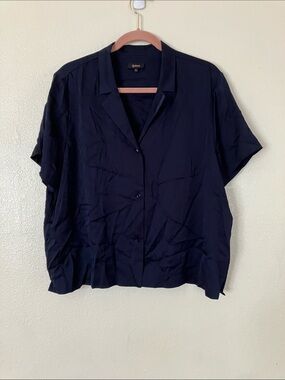 Quince Navy Washable Silk Notch Collar Blouse, XL
